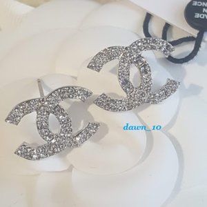 Chanel Crystal CC Earrings, Silver.